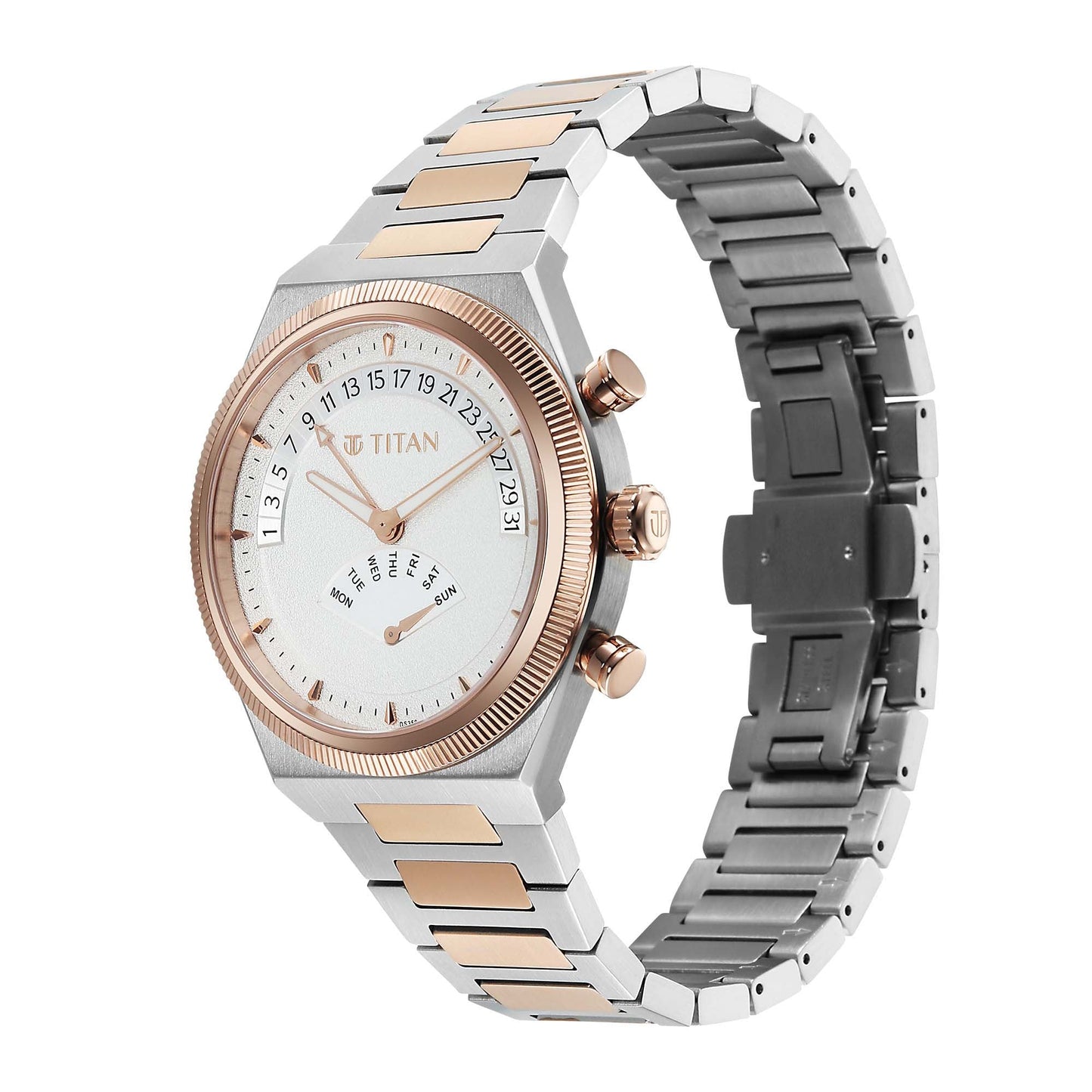 Titan Micromotors Analog with Retrograde Day and Date and Silver Dial Dual Tone Pink Stainless Steel Strap Watch for Men 90180KM01