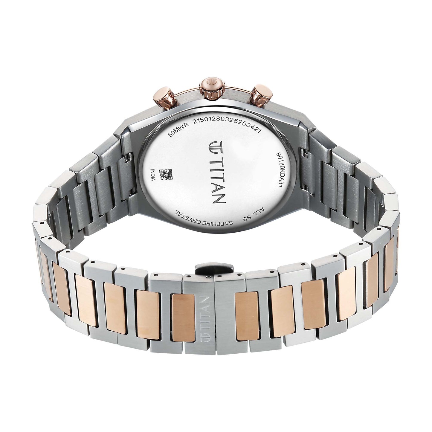 Titan Micromotors Analog with Retrograde Day and Date and Silver Dial Dual Tone Pink Stainless Steel Strap Watch for Men 90180KM01