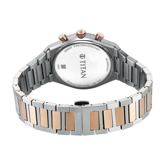 Titan Micromotors Analog with Retrograde Day and Date and Silver Dial Dual Tone Pink Stainless Steel Strap Watch for Men 90180KM01