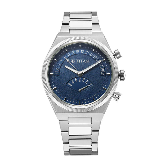 Titan Micromotors Analog with Retrograde Day and Date and Blue Dial Stainless Steel Strap Watch for Men 90180SM01