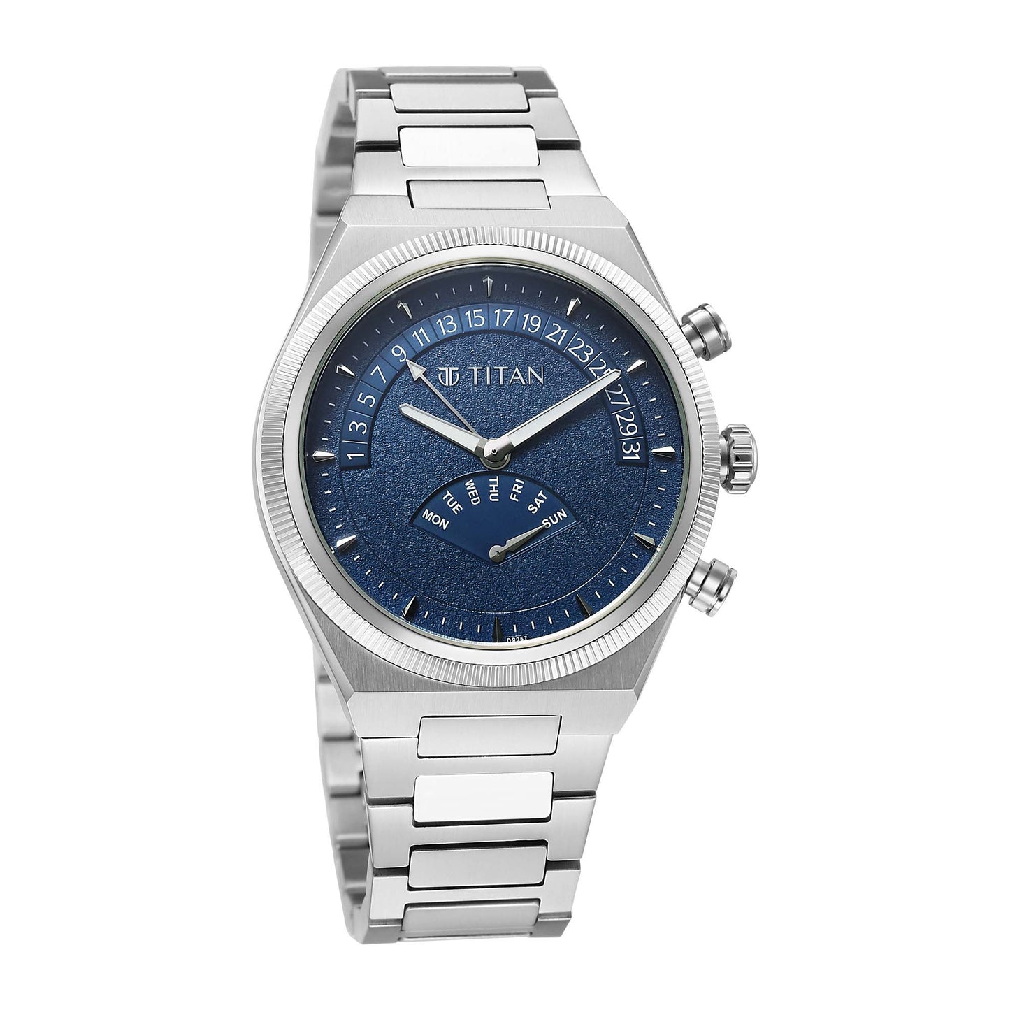 Titan Micromotors Analog with Retrograde Day and Date and Blue Dial Stainless Steel Strap Watch for Men 90180SM01