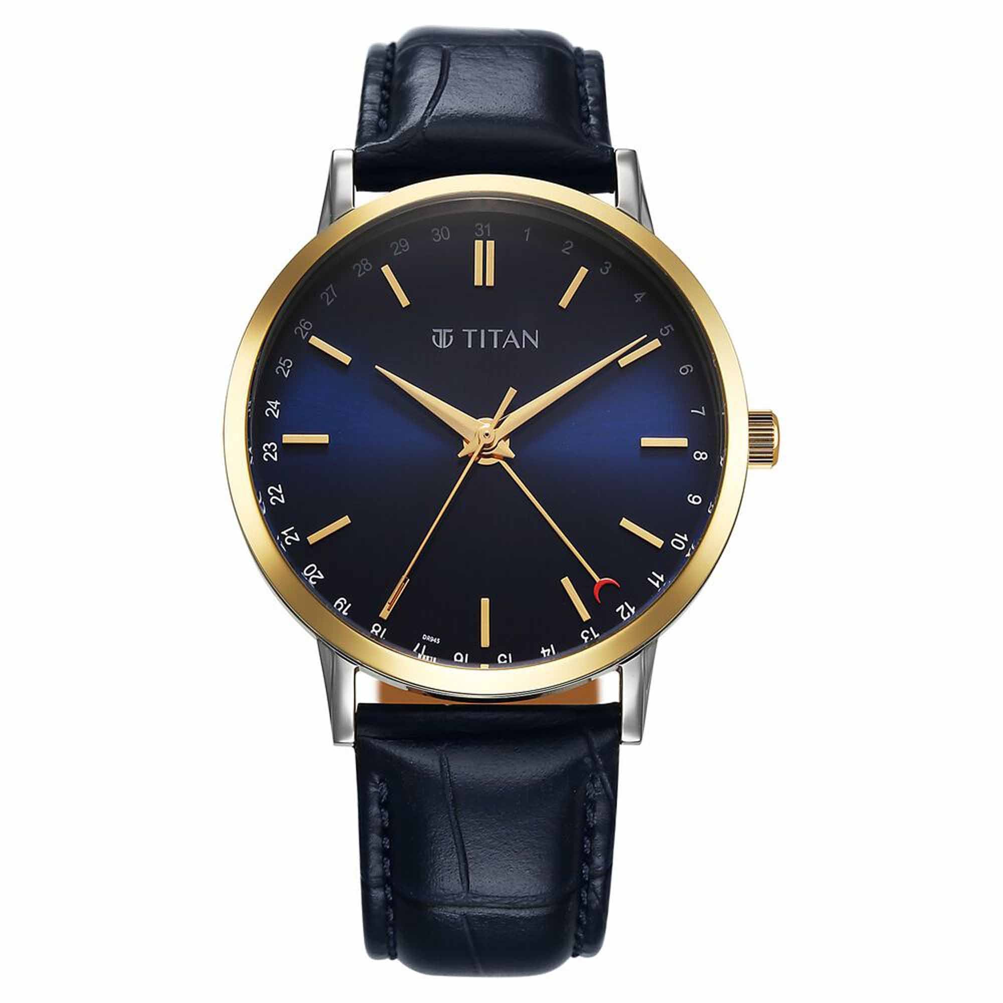 Titan Elegance Analog with Date by Hand and Blue Dial Blue Leather Strap Watch for Men 90202BL01