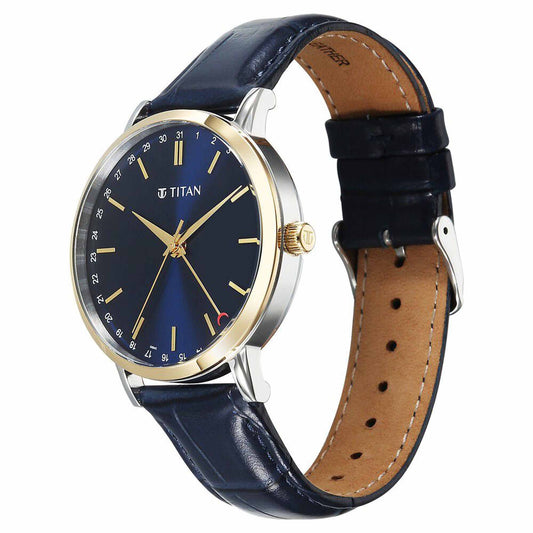 Titan Elegance Analog with Date by Hand and Blue Dial Blue Leather Strap Watch for Men 90202BL01