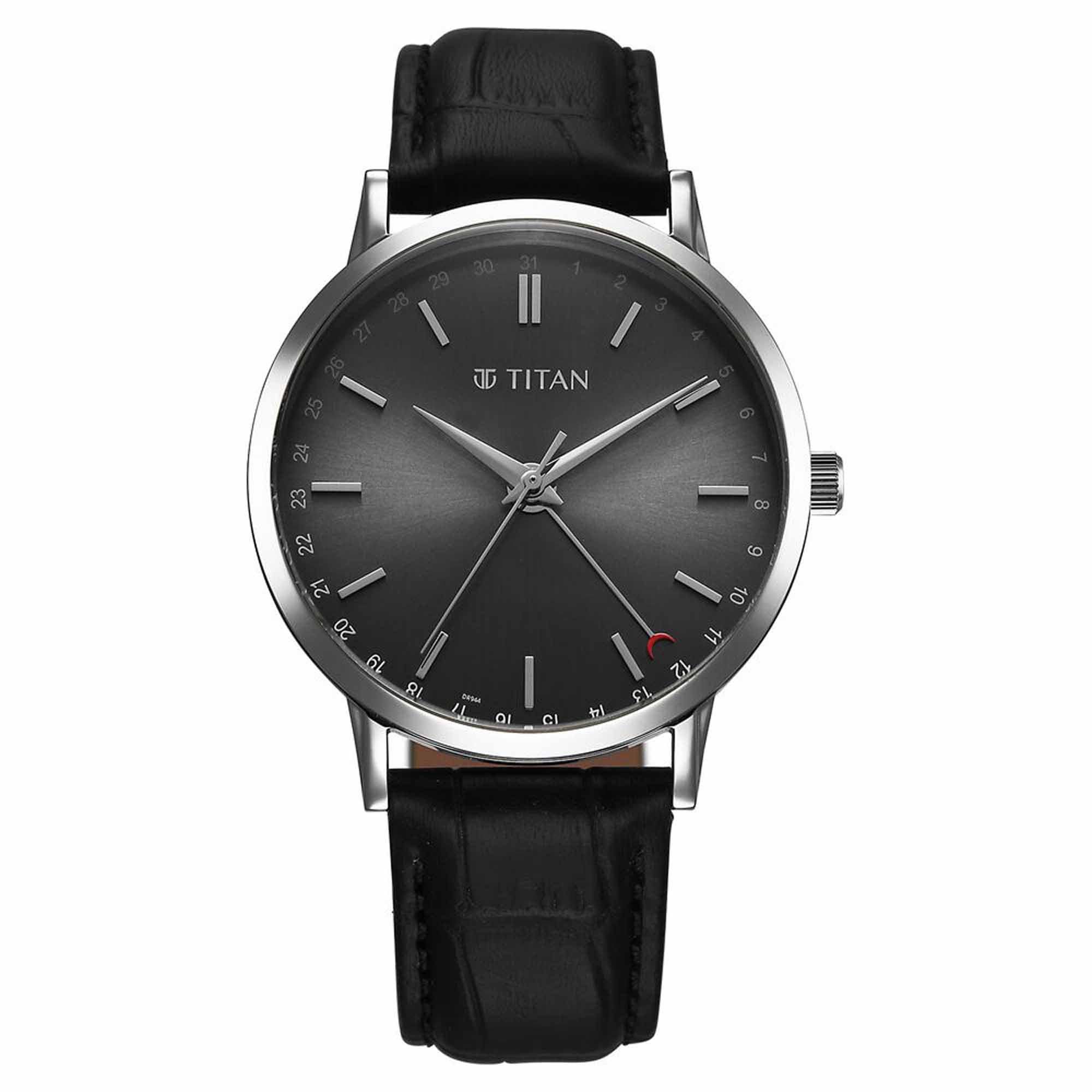 Titan Elegance Analog with Date by Hand and Dark Grey Dial Black Leather Strap Watch for Men 90202SL02