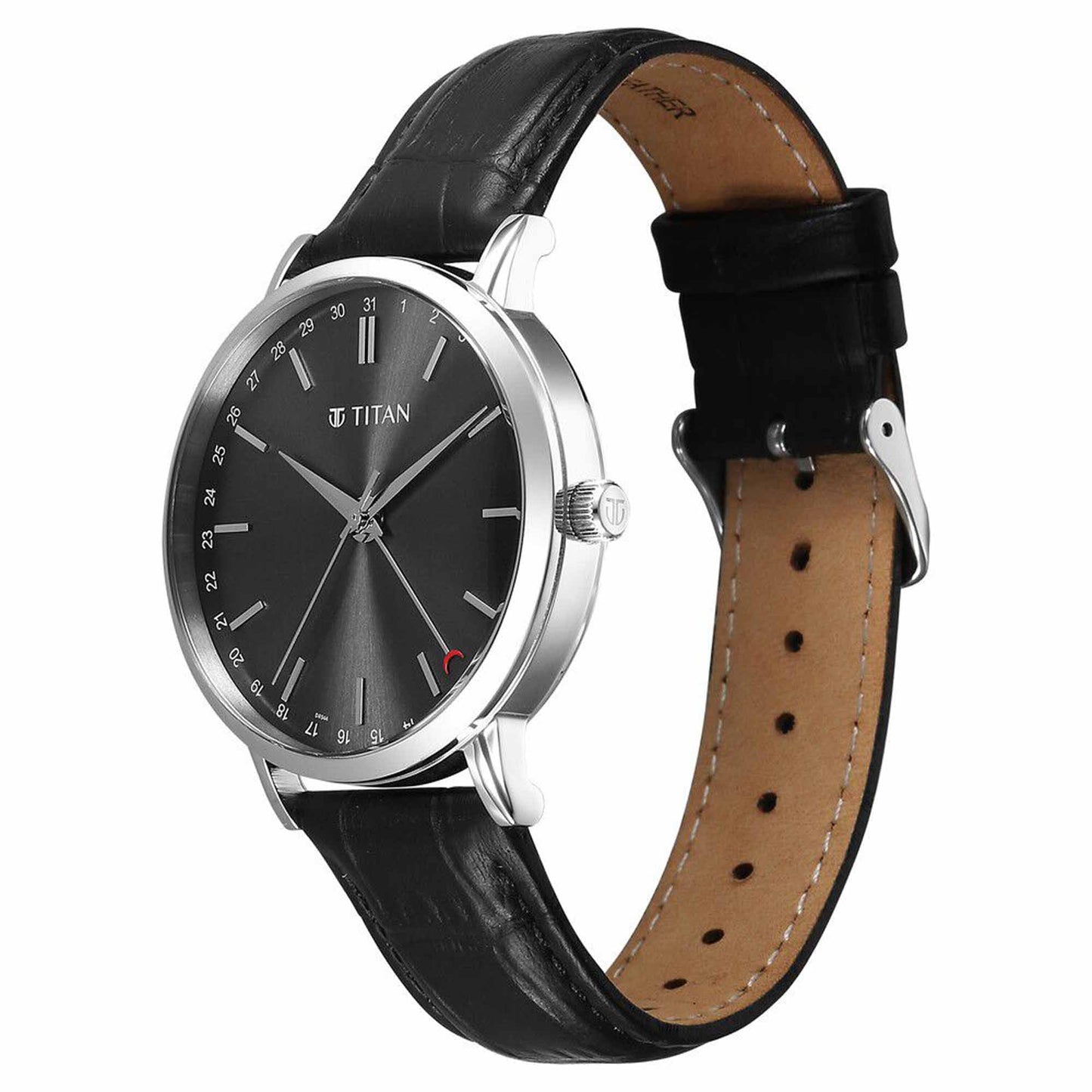 Titan Elegance Analog with Date by Hand and Dark Grey Dial Black Leather Strap Watch for Men 90202SL02