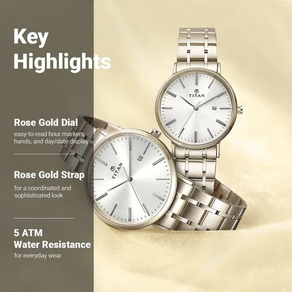 Titan Silver Dial Stainless Steel Strap Analog with Date Watch for Couple