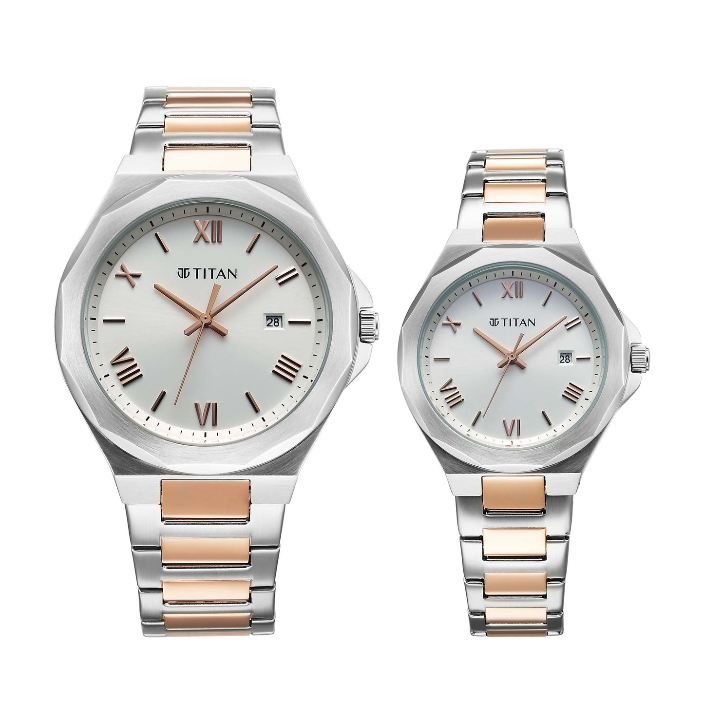 Titan Bandhan Quartz Alog with Date Silver Dial Two Toned Stainless Steel Strap Watch For Couple (9401094210KM01)
