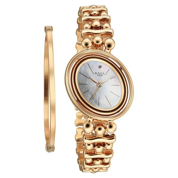 Titan Raga Glimmers Quartz Analog Mother of Pearl Dial Rose Gold Metal Strap Watch For Women 95202WM01F