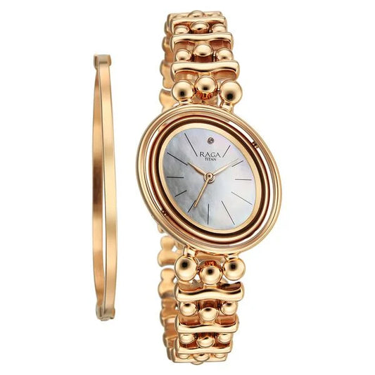 Titan Raga Glimmers Quartz Analog Mother of Pearl Dial Rose Gold Metal Strap Watch For Women 95202WM01F