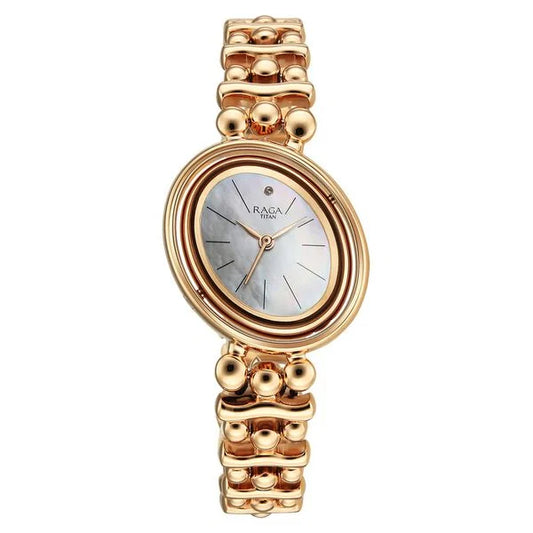Titan Raga Glimmers Quartz Analog Mother of Pearl Dial Rose Gold Metal Strap Watch For Women 95202WM01F