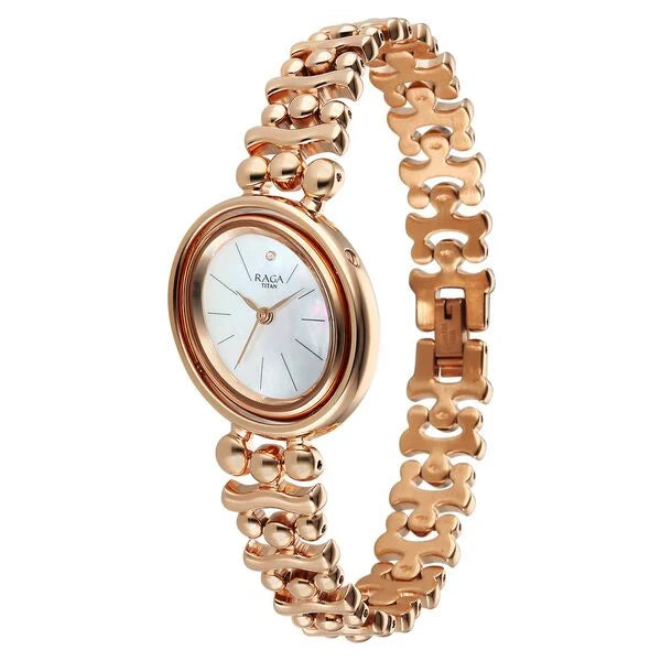Titan Raga Glimmers Quartz Analog Mother of Pearl Dial Rose Gold Metal Strap Watch For Women 95202WM01F