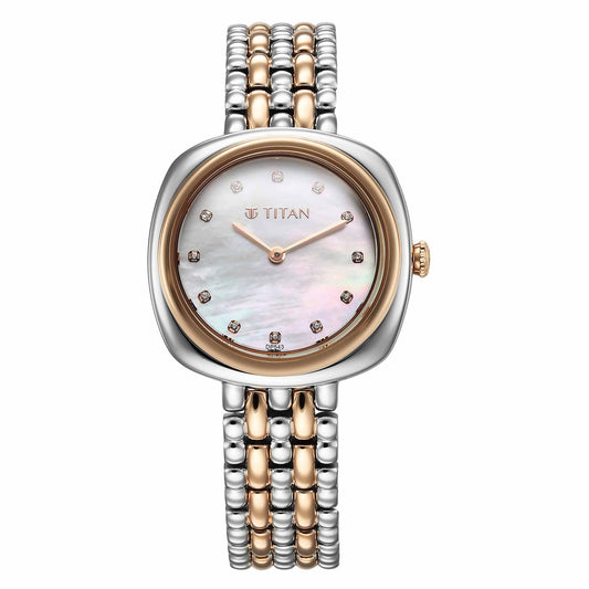 Titan Aura Quartz Alog White Mother Of Pearl Dial Rose Gold and Silver Stainless Steel Strap Watch for Women