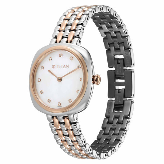 Titan Aura Quartz Alog White Mother Of Pearl Dial Rose Gold and Silver Stainless Steel Strap Watch for Women