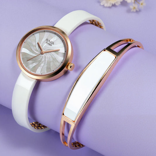Titan Raga Memoirs Quartz Analog Mother Of Pearl Dial With White Ceramic Strap Watch For Women