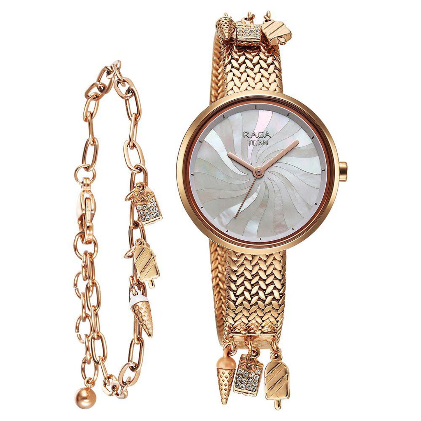 Titan Raga Memoirs Quartz Alog Mother Of Pearl Dial With Rose Gold Metal Strap Watch For Women (95253WM01)