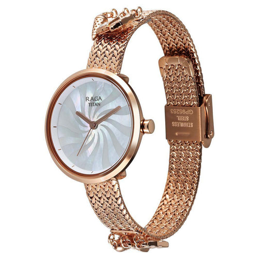 Titan Raga Memoirs Quartz Alog Mother Of Pearl Dial With Rose Gold Metal Strap Watch For Women (95253WM01)