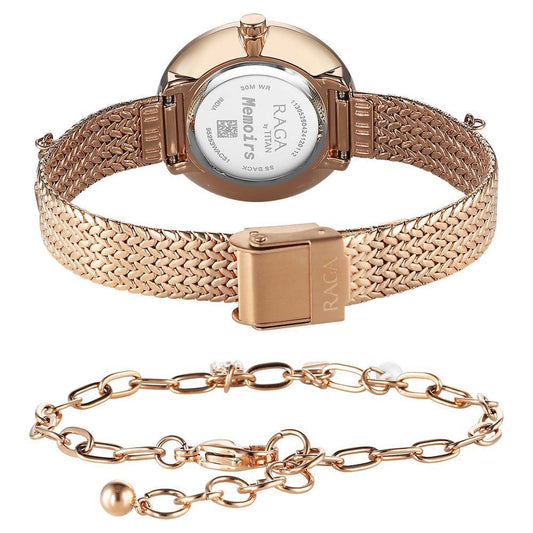Titan Raga Memoirs Quartz Alog Mother Of Pearl Dial With Rose Gold Metal Strap Watch For Women (95253WM01)
