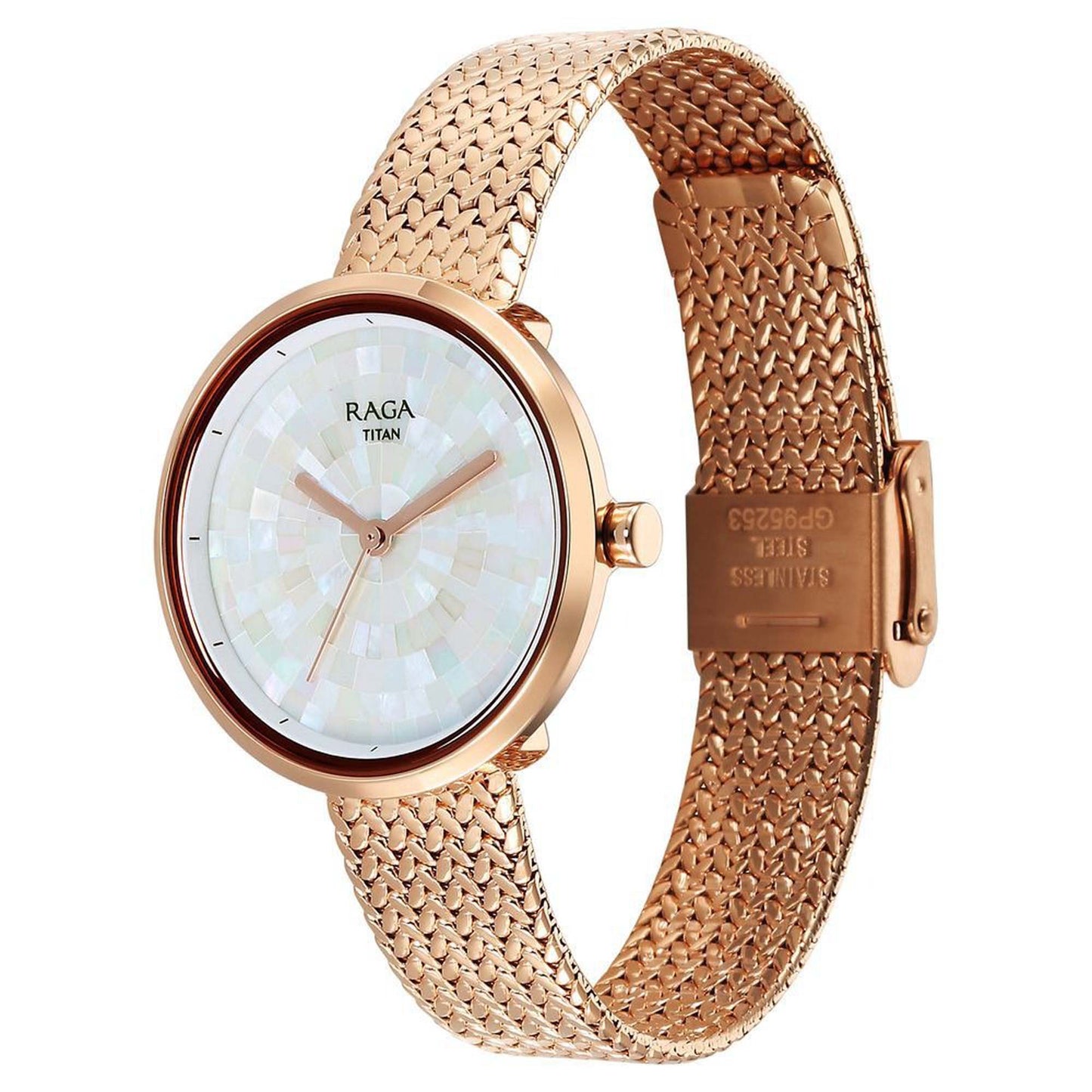 Titan Raga Memoirs Quartz Alog Mother Of Pearl Dial With Rose Gold Metal Strap Watch For Women (95253WM02)