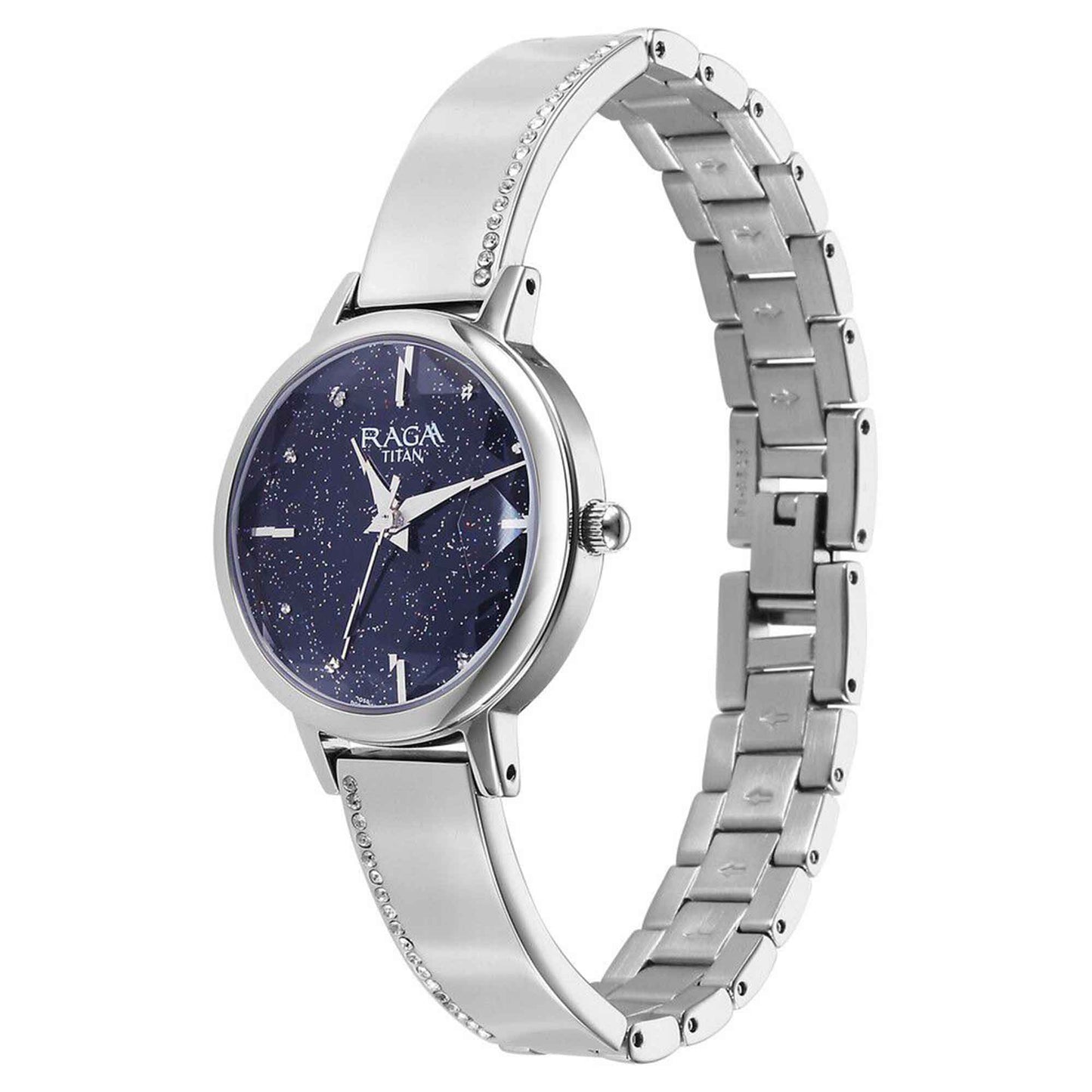 Titan Raga Showstopper Quartz Analog Blue Dial Silver Metal Strap Watch For Women