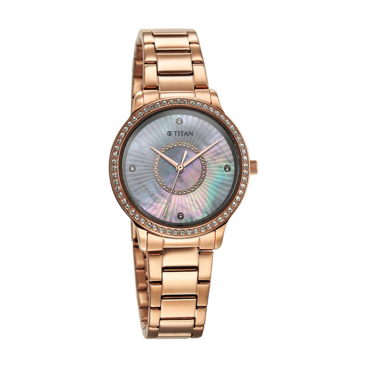 Titan Glamour Quartz Analog Mother Of Pearl Dial Rose Gold Stainless Steel Strap Watch For Women