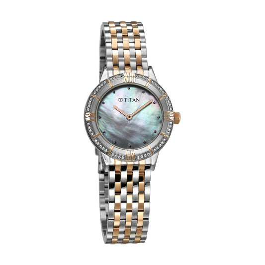 Titan Glamour Quartz Analog Mother Of Pearl Dial Two Toned Stainless Steel Strap Watch For Women