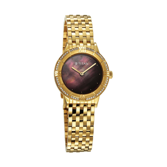 Titan Glamour Quartz Analog Brown Dial Golden Stainless Steel Strap Watch For Women