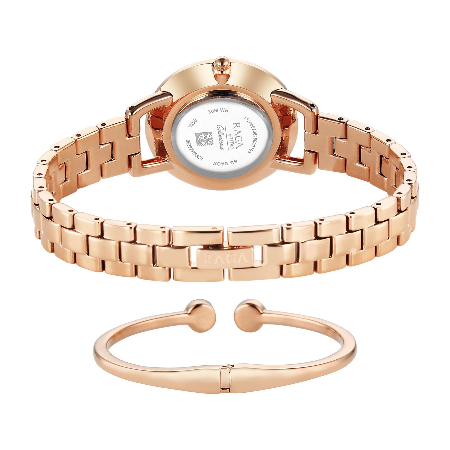 Titan Raga Glimmers Quartz Analog Red Mother of Pearl Dial Rose Gold Metal Strap Watch For Women 95327WM01F