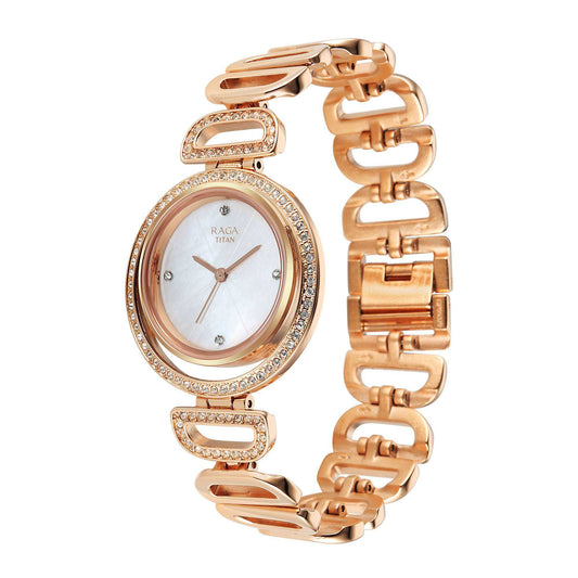 Titan Raga Glimmers Quartz Analog Mother of Pearl Dial Rose Gold Metal Strap Watch For Women 95329WM01F