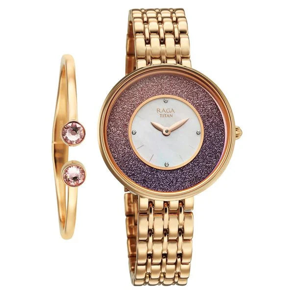 Titan Raga Glimmers Quartz Analog Mother of Pearl Dial Rose Gold Metal Strap Watch For Women 95336WM01F