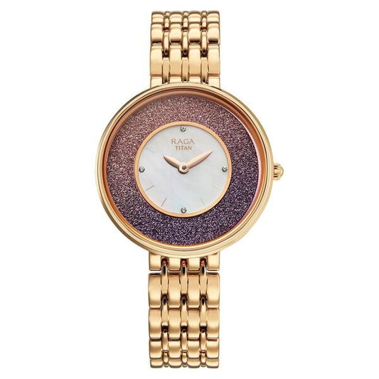 Titan Raga Glimmers Quartz Analog Mother of Pearl Dial Rose Gold Metal Strap Watch For Women 95336WM01F