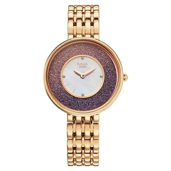 Titan Raga Glimmers Quartz Analog Mother of Pearl Dial Rose Gold Metal Strap Watch For Women 95336WM01F