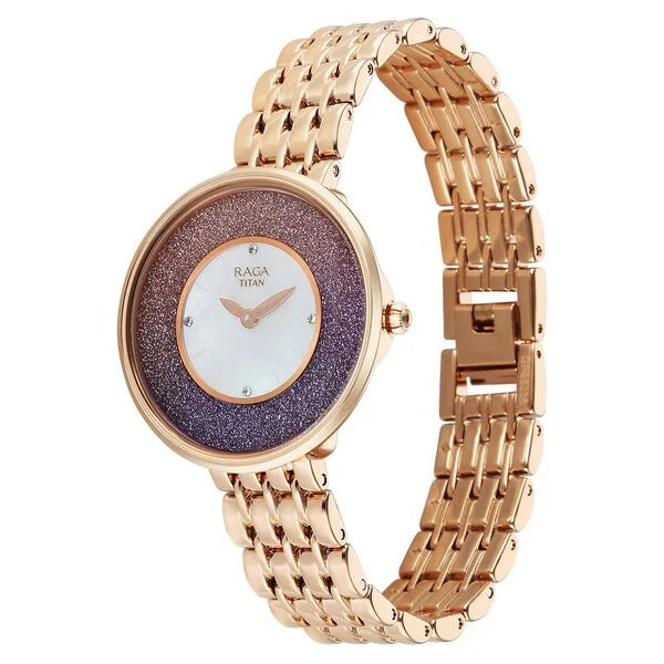 Titan Raga Glimmers Quartz Analog Mother of Pearl Dial Rose Gold Metal Strap Watch For Women 95336WM01F