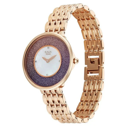 Titan Raga Glimmers Quartz Analog Mother of Pearl Dial Rose Gold Metal Strap Watch For Women 95336WM01F