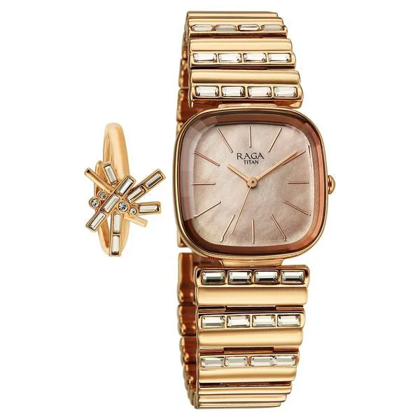Titan Raga Glimmers Quartz Analog Rose Gold Dial Rose Gold Metal Strap Watch For Women 95339WM01F