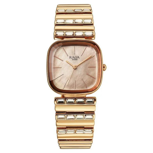 Titan Raga Glimmers Quartz Analog Rose Gold Dial Rose Gold Metal Strap Watch For Women 95339WM01F