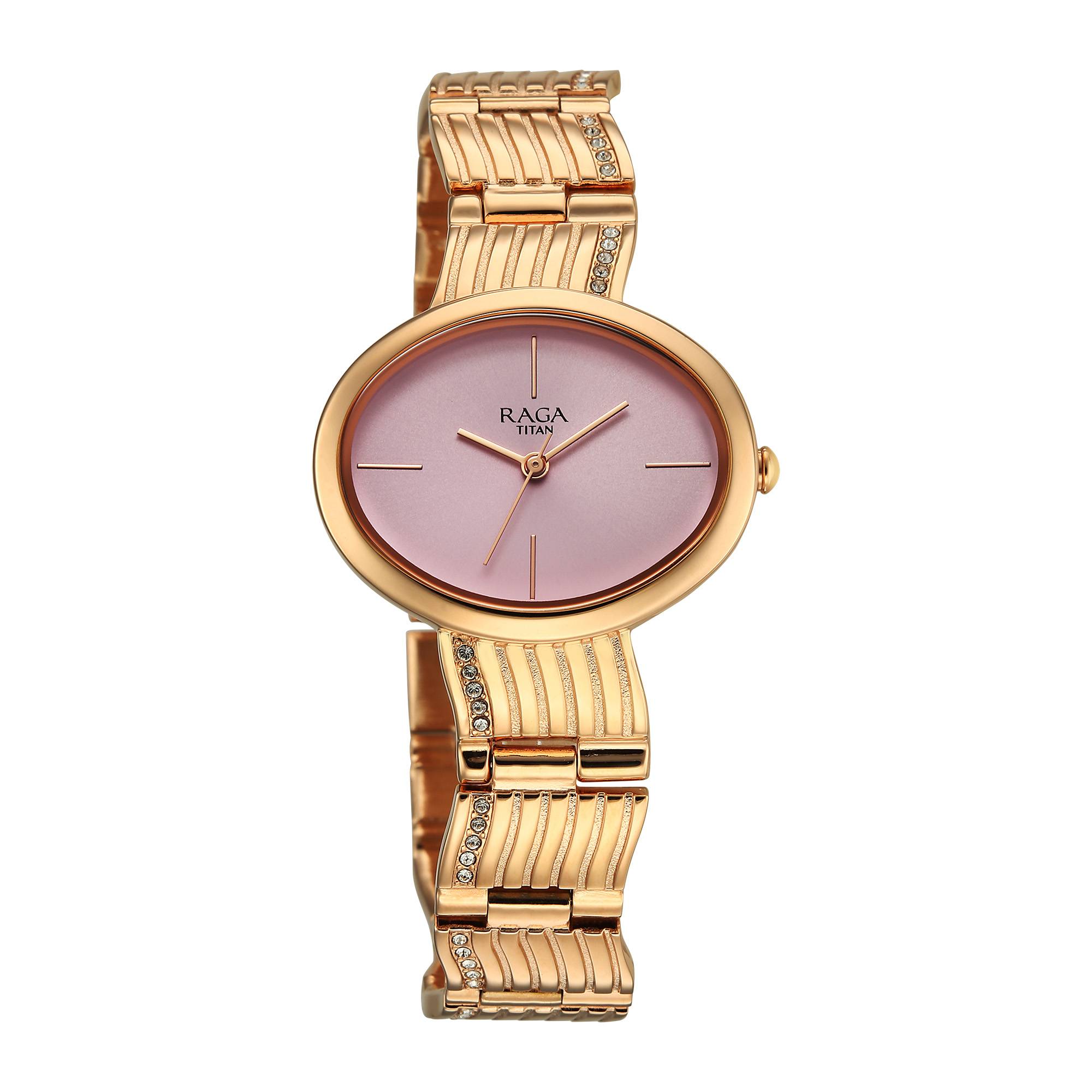 Titan Raga Glimmers Quartz Analog Pink Dial Rose Gold Metal Strap Watch For Women 95362WM01