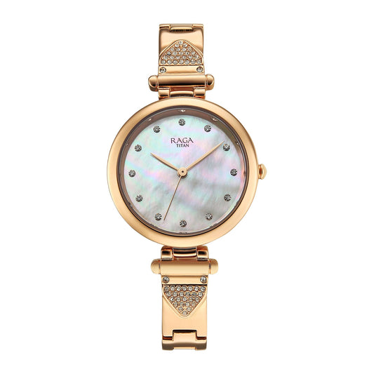 Titan Raga Glimmers Quartz Analog Mother of Pearl Dial Rose Gold Metal Strap Watch For Women 95363WM01