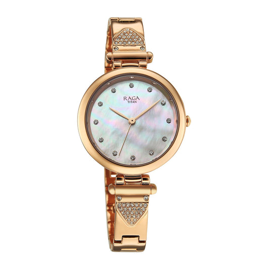 Titan Raga Glimmers Quartz Analog Mother of Pearl Dial Rose Gold Metal Strap Watch For Women 95363WM01