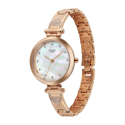 Titan Raga Glimmers Quartz Analog Mother of Pearl Dial Rose Gold Metal Strap Watch For Women 95363WM01