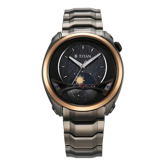 Titan Stellar Quartz Multifunction Black Dial Stainless Steel Strap Watch for Men
