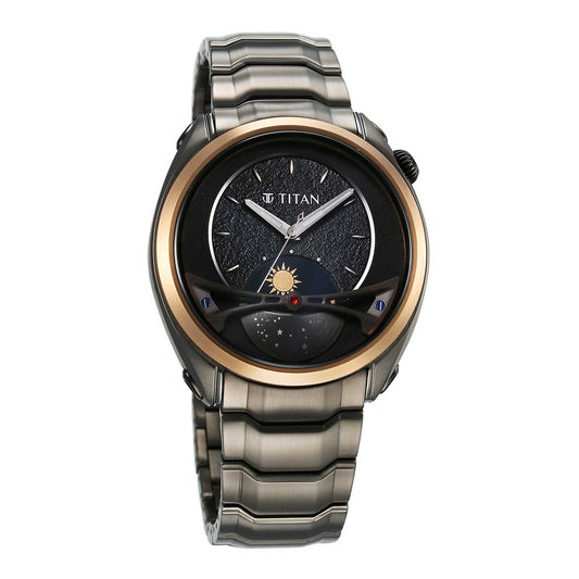 Titan Stellar Quartz Multifunction Black Dial Stainless Steel Strap Watch for Men