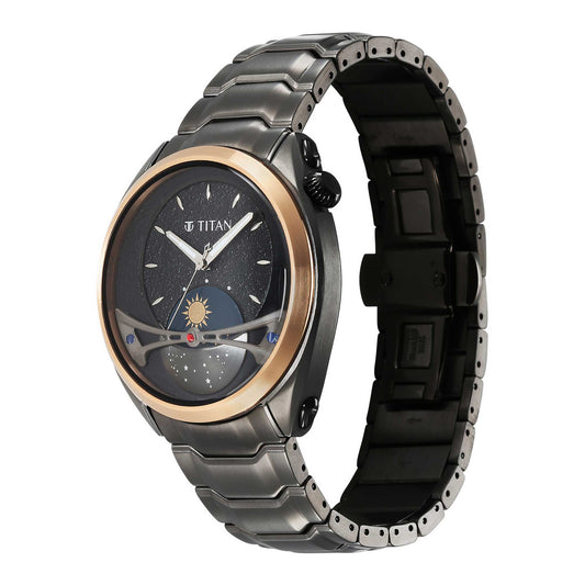 Titan Stellar Quartz Multifunction Black Dial Stainless Steel Strap Watch for Men