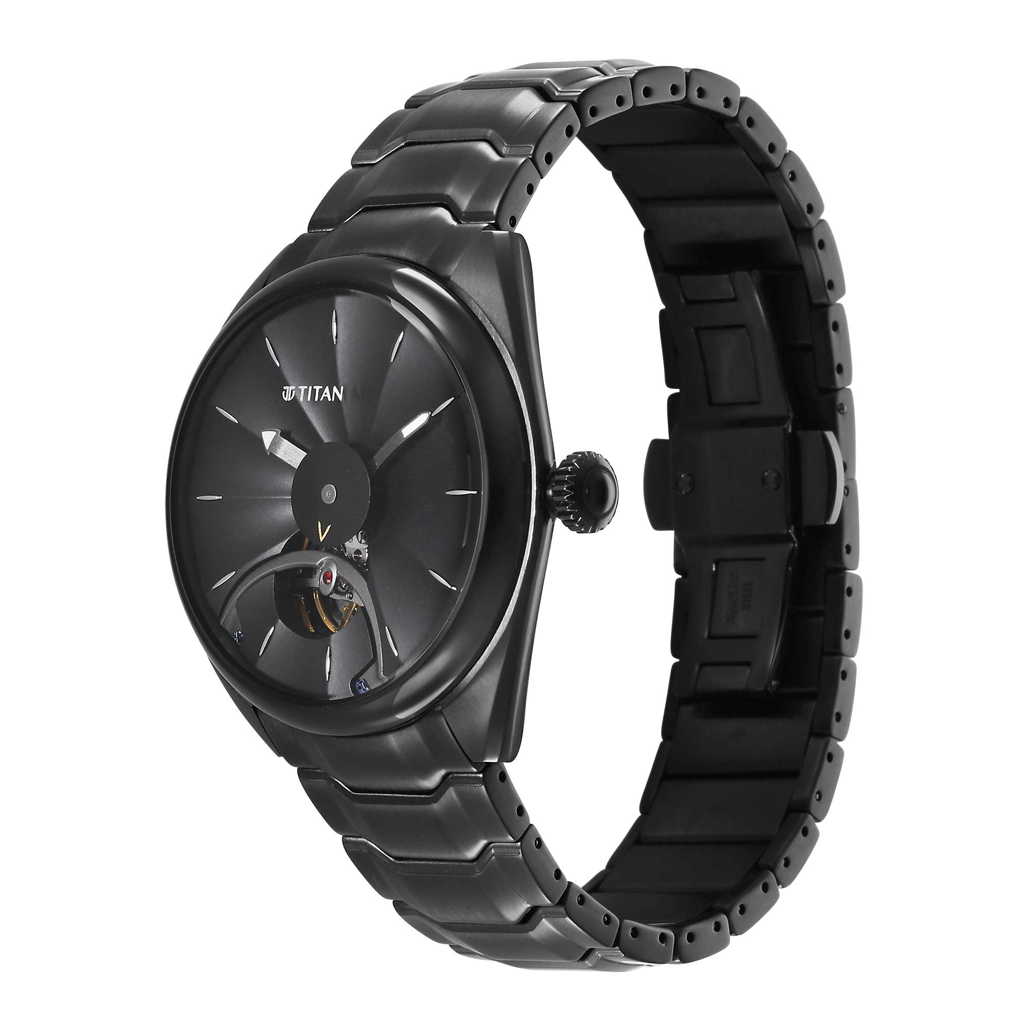 Titan Stellar Automatic Automatic Black Dial Stainless Steel Strap Watch for Men