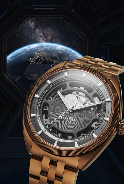 ساعة تيتان ستيلر كوبولا التناظرية مع قرص الشمس والقمر، مينا رمادي أوتوماتيكية