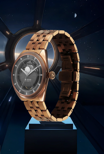 ساعة تيتان ستيلر كوبولا التناظرية مع قرص الشمس والقمر، مينا رمادي أوتوماتيكية