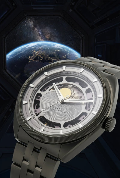 ساعة تيتان ستيلر كوبولا التناظرية مع قرص الشمس والقمر، مينا فضي أوتوماتيكية