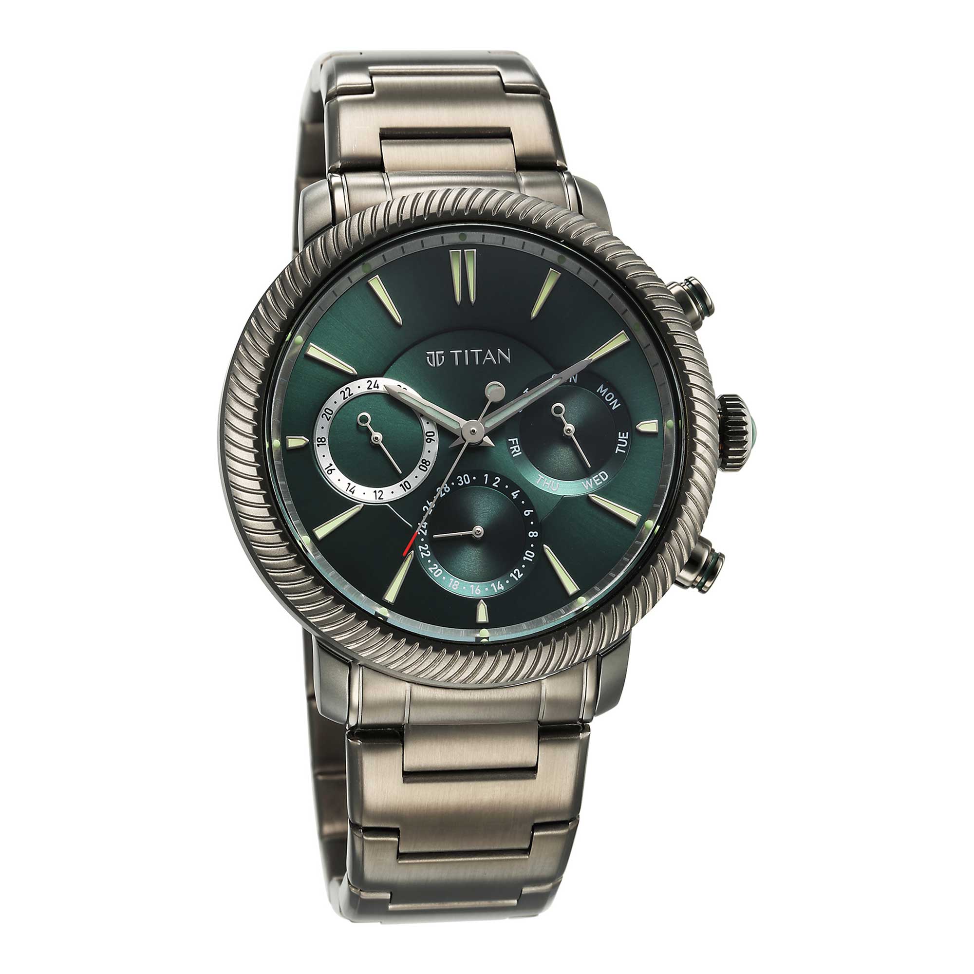 Titan Stellar Quartz Multifunction Green Dial Stainless Steel Strap Watch for Men