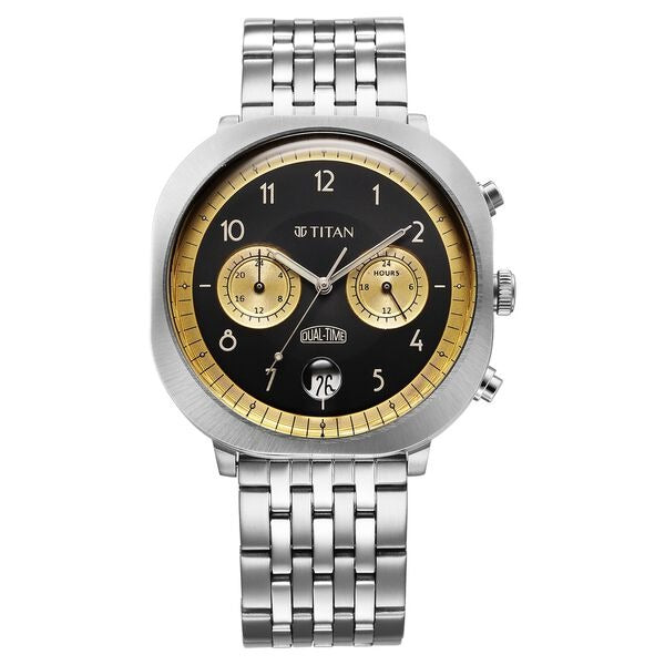 Titan Timeless Treasures Quartz Analog Dual Time Black Dial With Silver Color Stainless Steel Strap Watch For Men