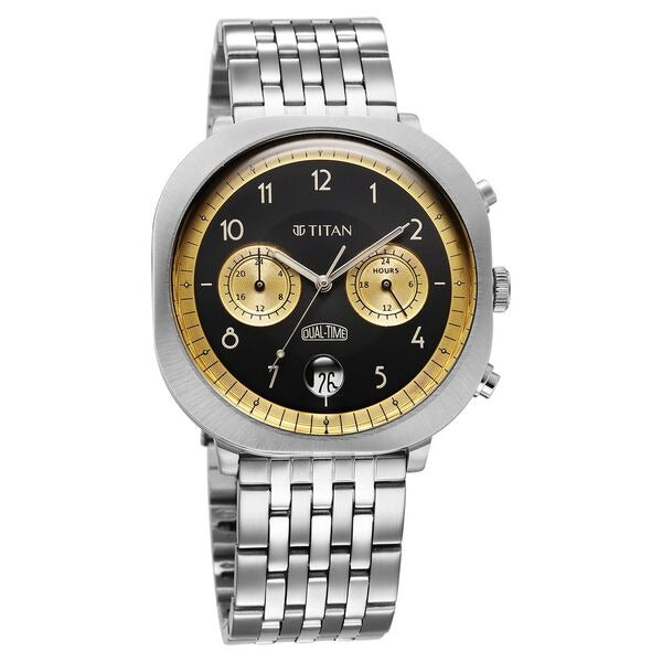 Titan Timeless Treasures Quartz Analog Dual Time Black Dial With Silver Color Stainless Steel Strap Watch For Men
