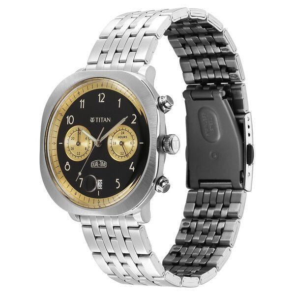 Titan Timeless Treasures Quartz Analog Dual Time Black Dial With Silver Color Stainless Steel Strap Watch For Men